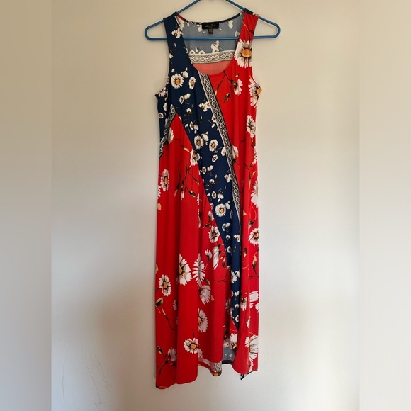 Women’s Melissa Paige Petite Red White Blue Floral Maxi Dress Size Medium Petite - Picture 1 of 7